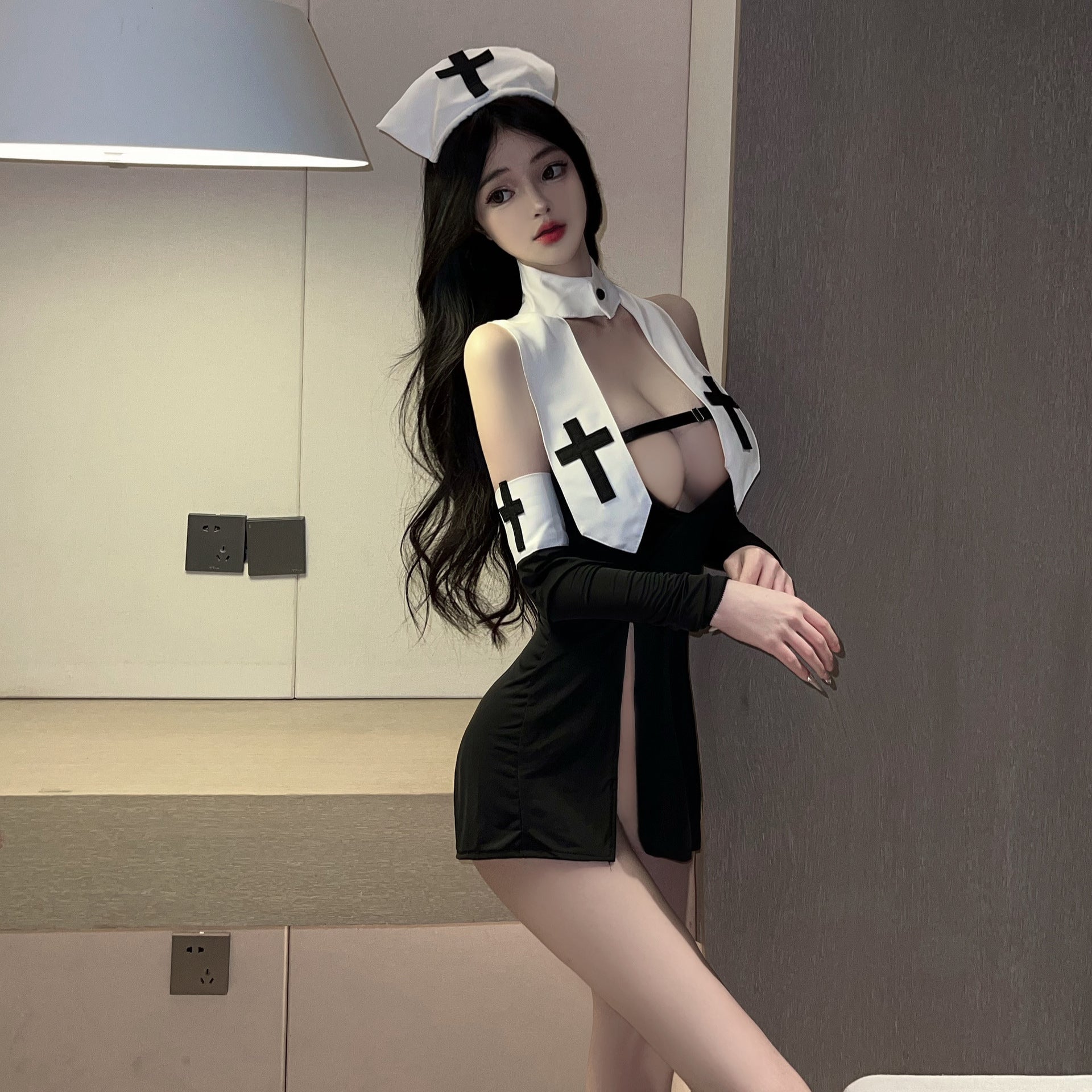 Image of Erotic lingerie sexy cut-out slit skirt lace-up bandages nun uniform nurse cosplay COS set - Cosplay Onesie