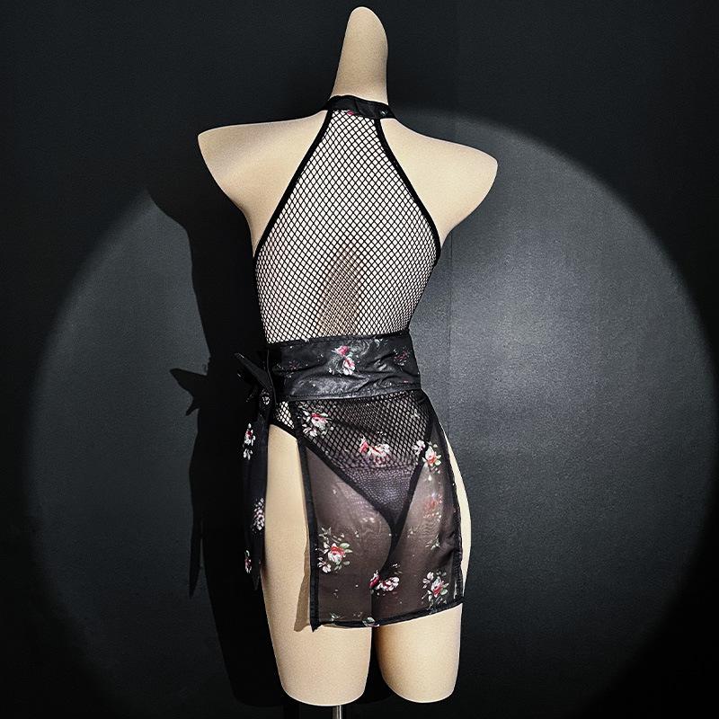 Image of Erotic lingerie sexy fishnet see-through retro halterneck cheongsam bed teasing supplies free of passion uniform