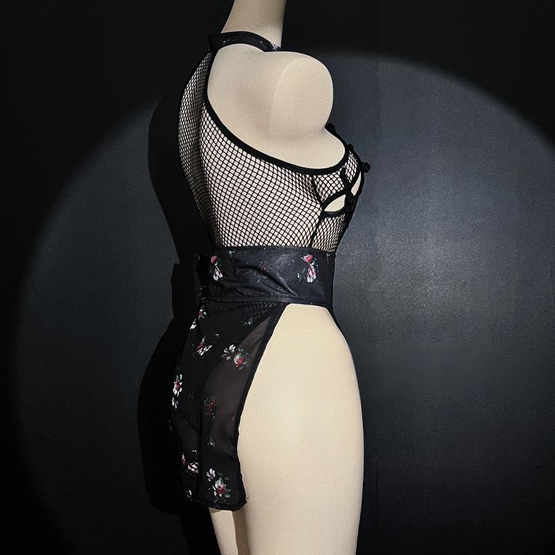 Image of Erotic lingerie sexy fishnet see-through retro halterneck cheongsam bed teasing supplies free of passion uniform