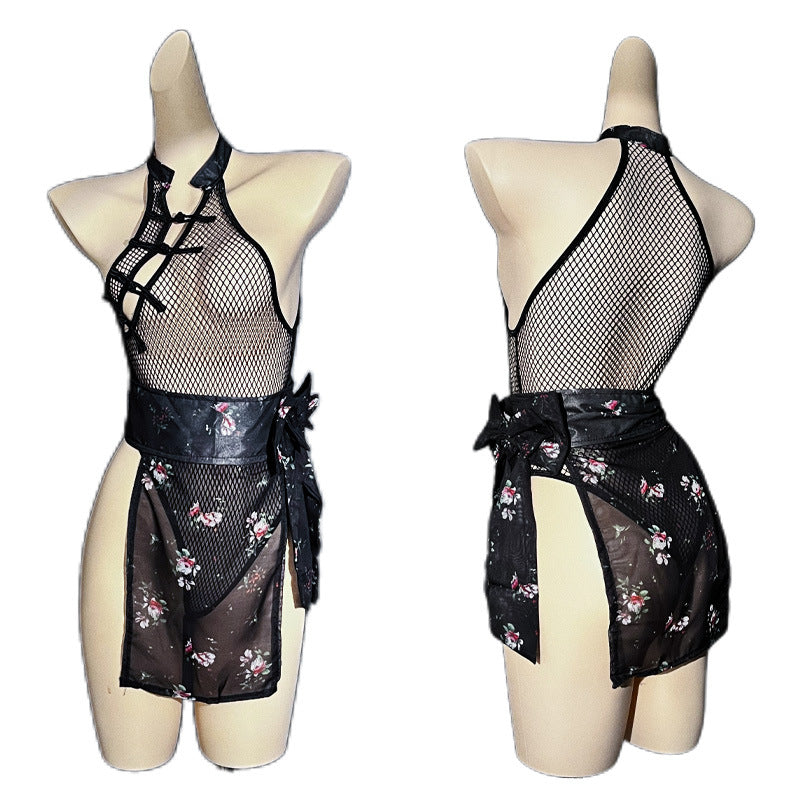 Erotic lingerie sexy fishnet see-through retro halterneck cheongsam bed teasing supplies free of passion uniform