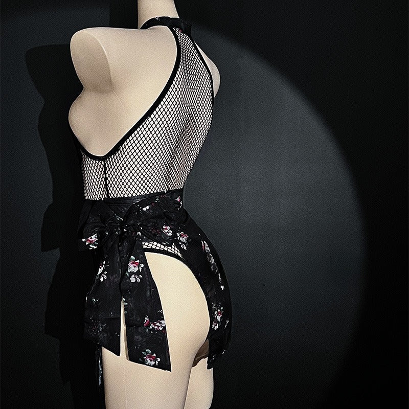 Image of Erotic lingerie sexy fishnet see-through retro halterneck cheongsam bed teasing supplies free of passion uniform