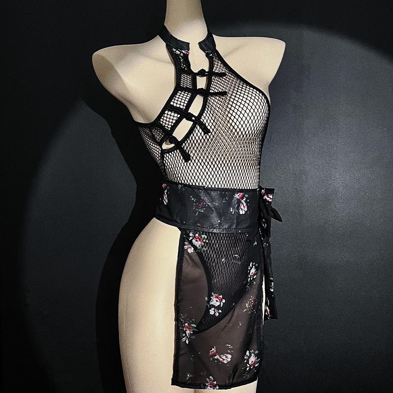 Erotic lingerie sexy fishnet see-through retro halterneck cheongsam bed teasing supplies free of passion uniform