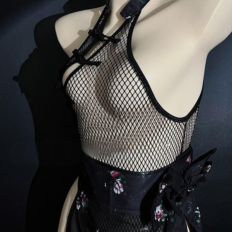Erotic lingerie sexy fishnet see-through retro halterneck cheongsam bed teasing supplies free of passion uniform