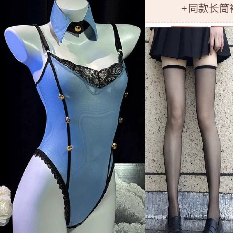 Erotic lingerie sexy hot policewoman seduction flirt uniform bed free stall pajamas passion midnight glamour - Blue