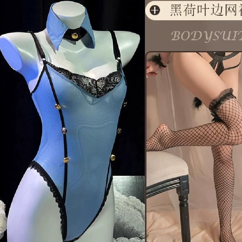 Erotic lingerie sexy hot policewoman seduction flirt uniform bed free stall pajamas passion midnight glamour - Blue