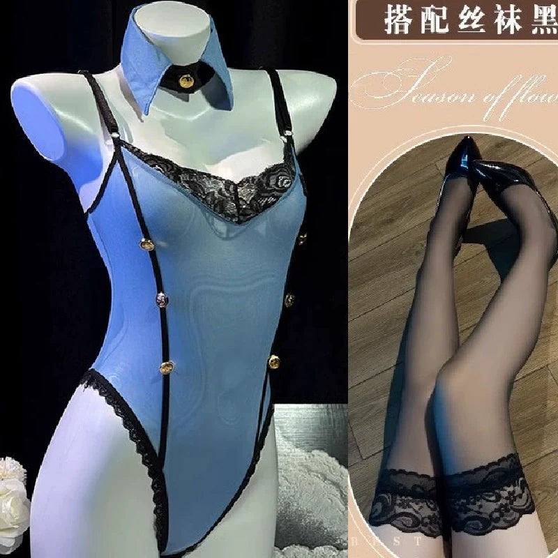 Erotic lingerie sexy hot policewoman seduction flirt uniform bed free stall pajamas passion midnight glamour - Blue