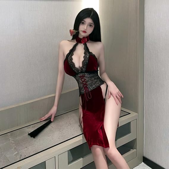Image of Erotic lingerie sexy lace see-through high-waisted slit rose dancing queen cheongsam uniform set 9812 one piece