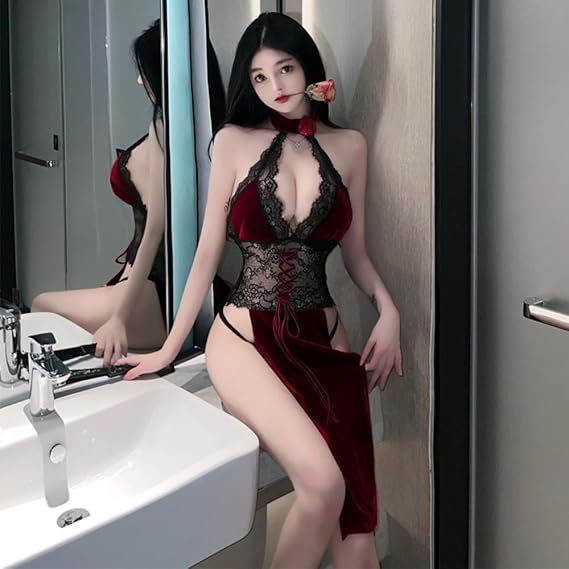 Erotic lingerie sexy lace see-through high-waisted slit rose dancing queen cheongsam uniform set 9812 one piece