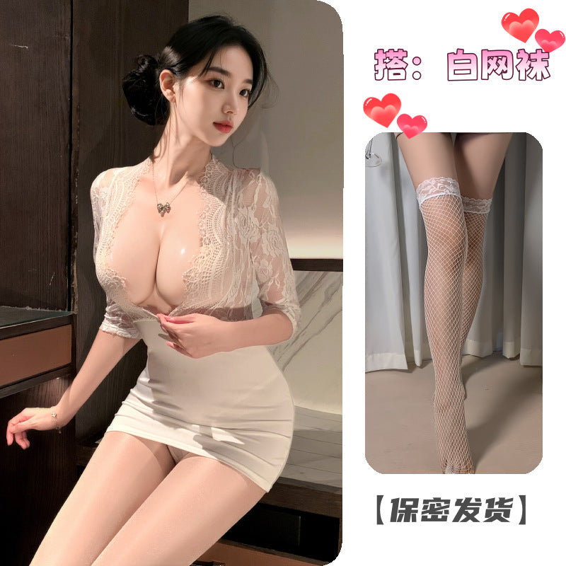 Image of Erotic lingerie sexy lace suit hip skirt uniform temptation see-through nightclub passion pajamas one-piece hip skirt