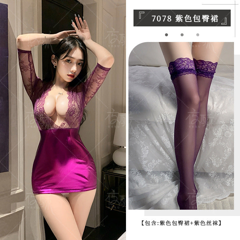Erotic lingerie sexy lace suit hip skirt uniform temptation see-through nightclub passion pajamas one-piece hip skirt
