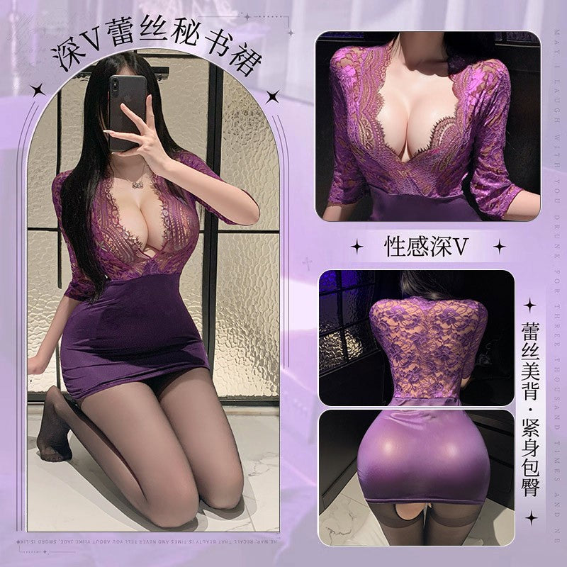 Erotic lingerie sexy lace suit hip skirt uniform temptation see-through nightclub passion pajamas one-piece hip skirt