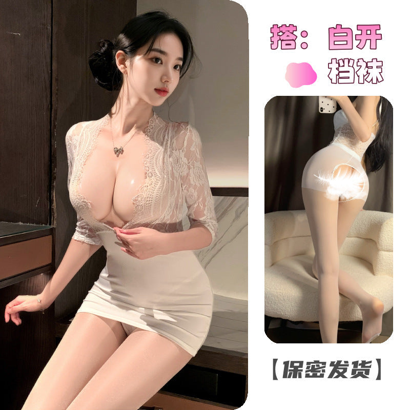 Erotic lingerie sexy lace suit hip skirt uniform temptation see-through nightclub passion pajamas one-piece hip skirt