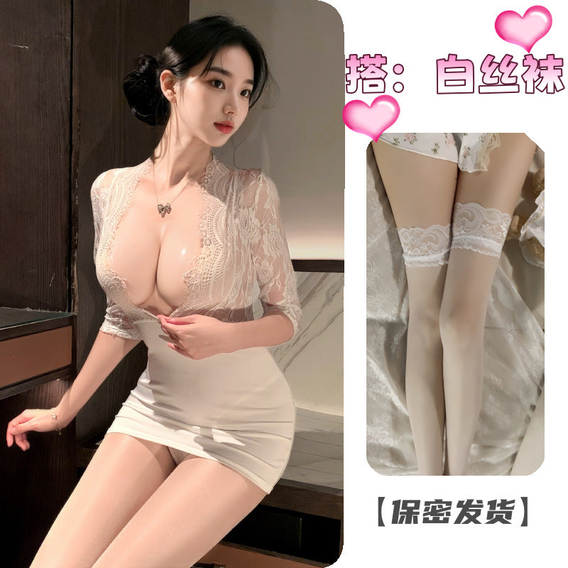 Erotic lingerie sexy lace suit hip skirt uniform temptation see-through nightclub passion pajamas one-piece hip skirt