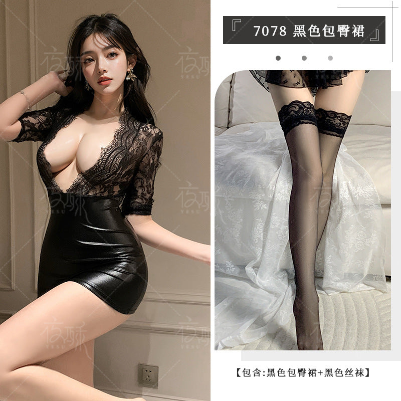 Image of Erotic lingerie sexy lace suit hip skirt uniform temptation see-through nightclub passion pajamas one-piece hip skirt