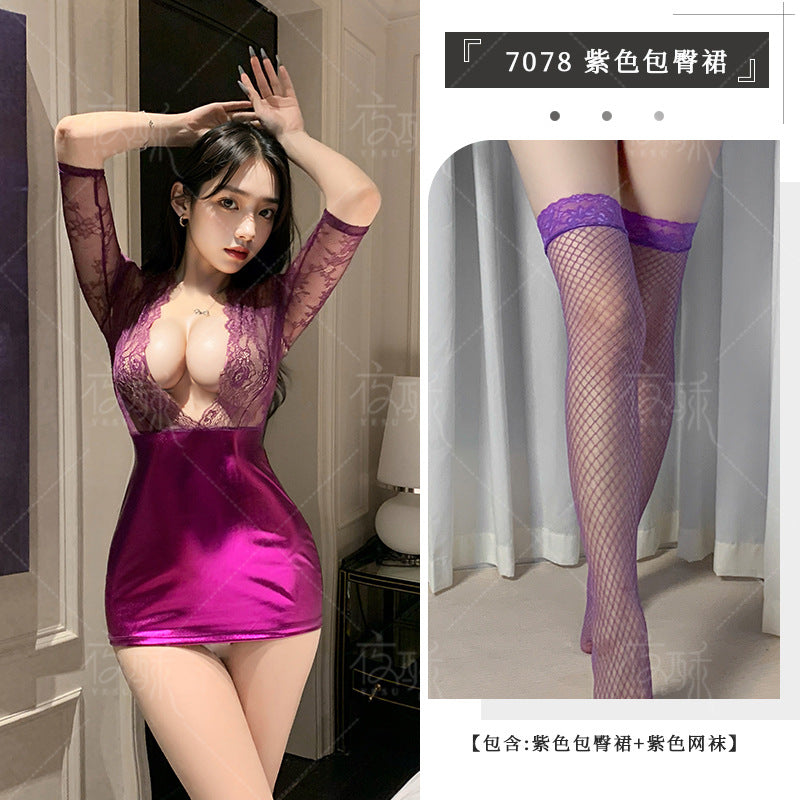 Image of Erotic lingerie sexy lace suit hip skirt uniform temptation see-through nightclub passion pajamas one-piece hip skirt