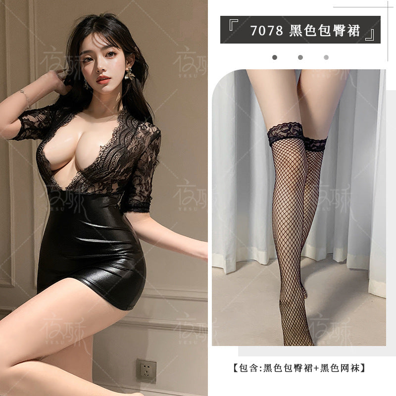 Erotic lingerie sexy lace suit hip skirt uniform temptation see-through nightclub passion pajamas one-piece hip skirt