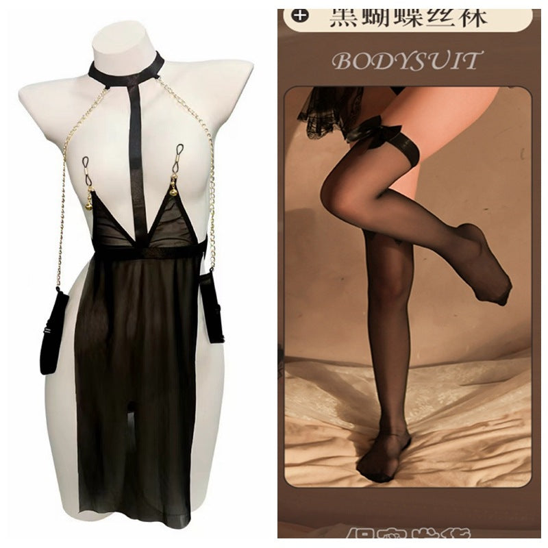 Image of Erotic lingerie sexy mesh see-through uniform temptation leakage passion free SM bed robe female cutout bondage - Black