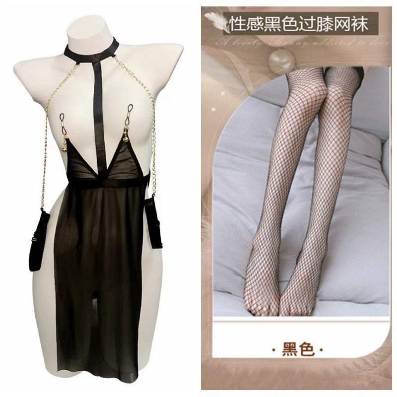 Image of Erotic lingerie sexy mesh see-through uniform temptation leakage passion free SM bed robe female cutout bondage - Black