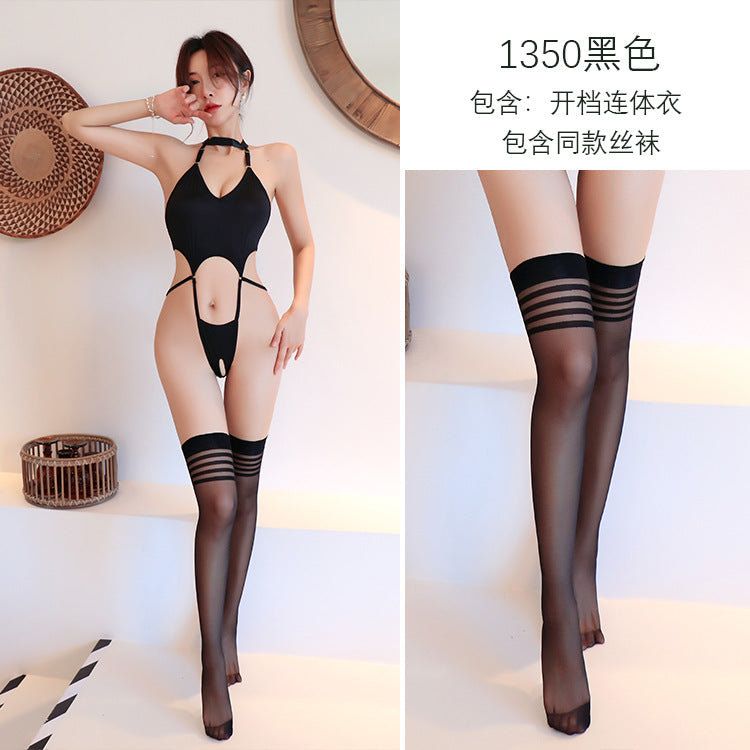 Erotic lingerie sexy one-piece maid suit opening uniform temptation hot cosplay 1350 - Black + same stockings