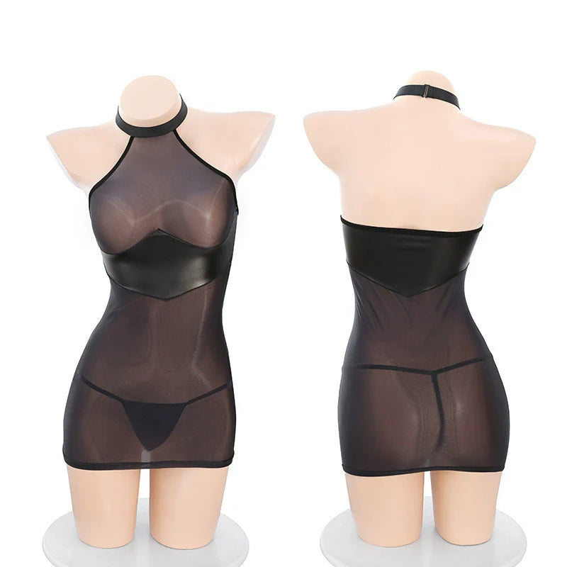 Image of erotic lingerie sexy patent leather stitching see-through bag hip skirt uniform secretary suit tight pajamas 2025 new