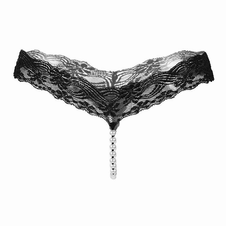 erotic lingerie sexy pearl massage thong free crotch lace panties transparent hot temptation briefs - black - Sexy