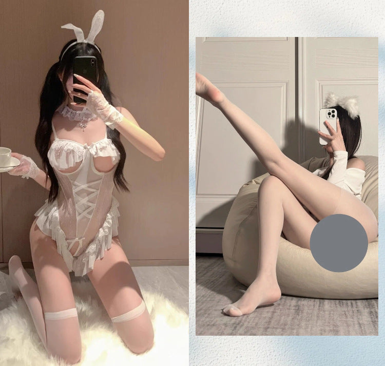 Image of Erotic lingerie tight seduction sexy bunny girl open crotch open chest see-through takeaway uniform suit passionate