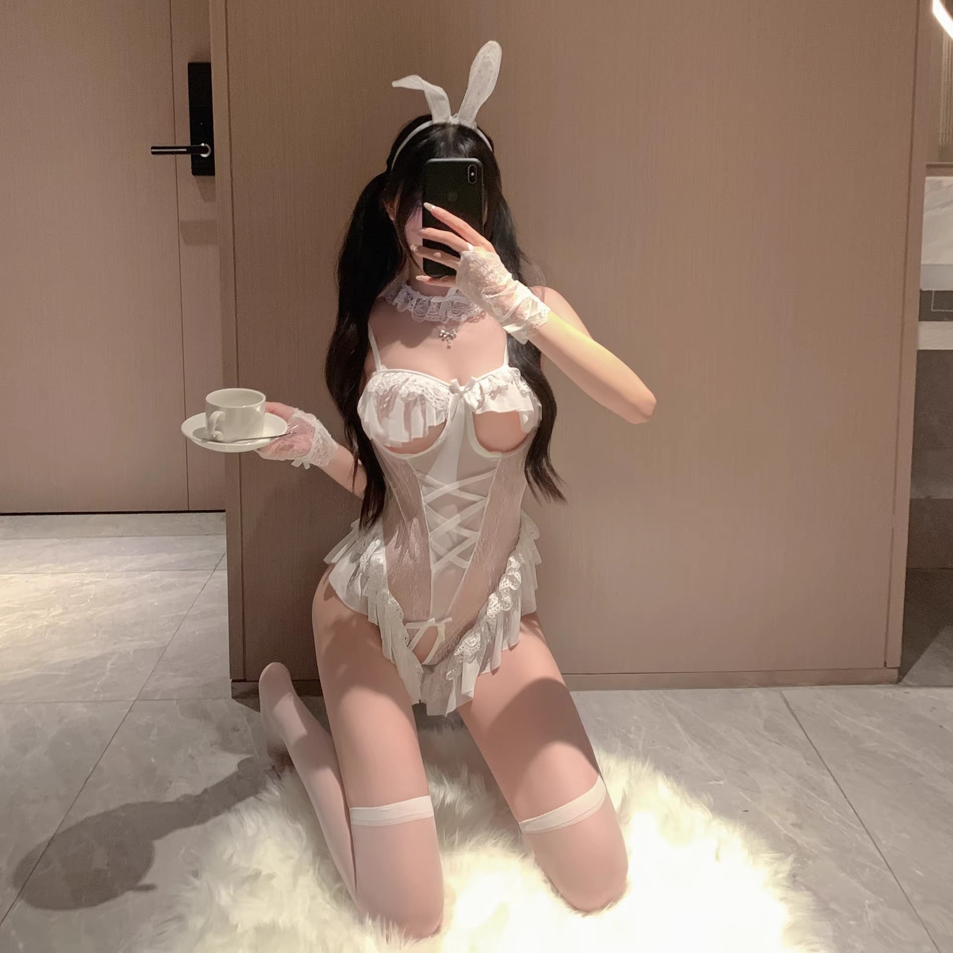 Image of Erotic lingerie tight seduction sexy bunny girl open crotch open chest see-through takeaway uniform suit passionate