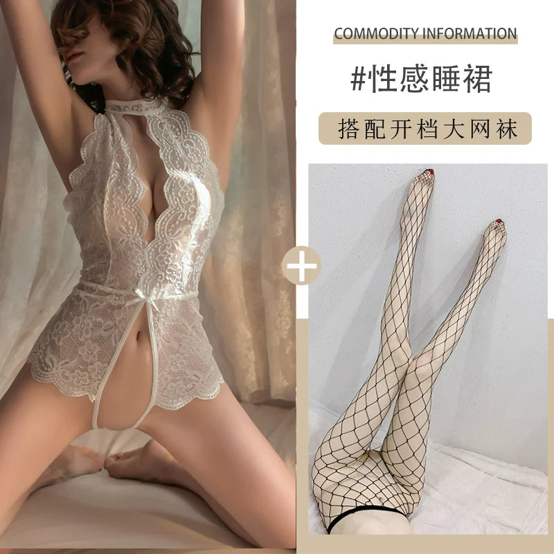 Image of Erotic underwear 2025 new sexy sex senior tide bed teasing war man robe large-scale pajamas uniforms - White [one-piece