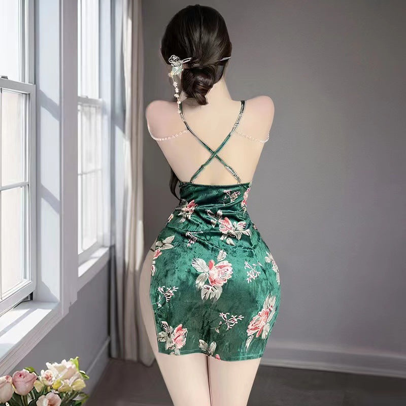 Erotic underwear sexy retro Republic of China cheongsam print slit bag hip skirt halterneck pearl celebrity suspender