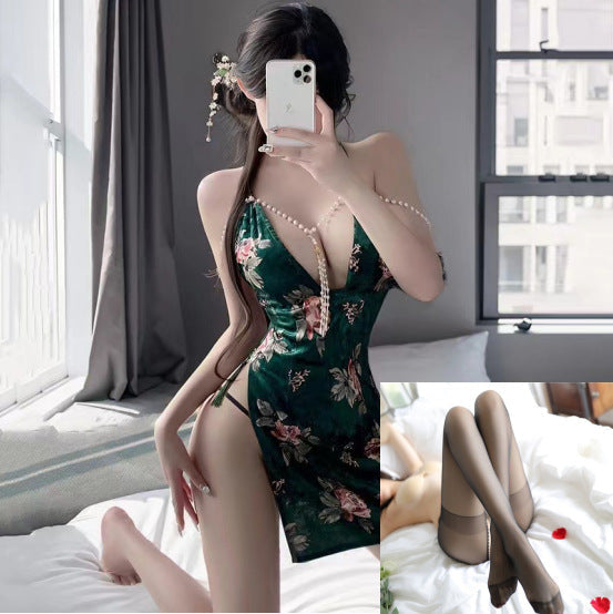 Image of Erotic underwear sexy retro Republic of China cheongsam print slit bag hip skirt halterneck pearl celebrity suspender