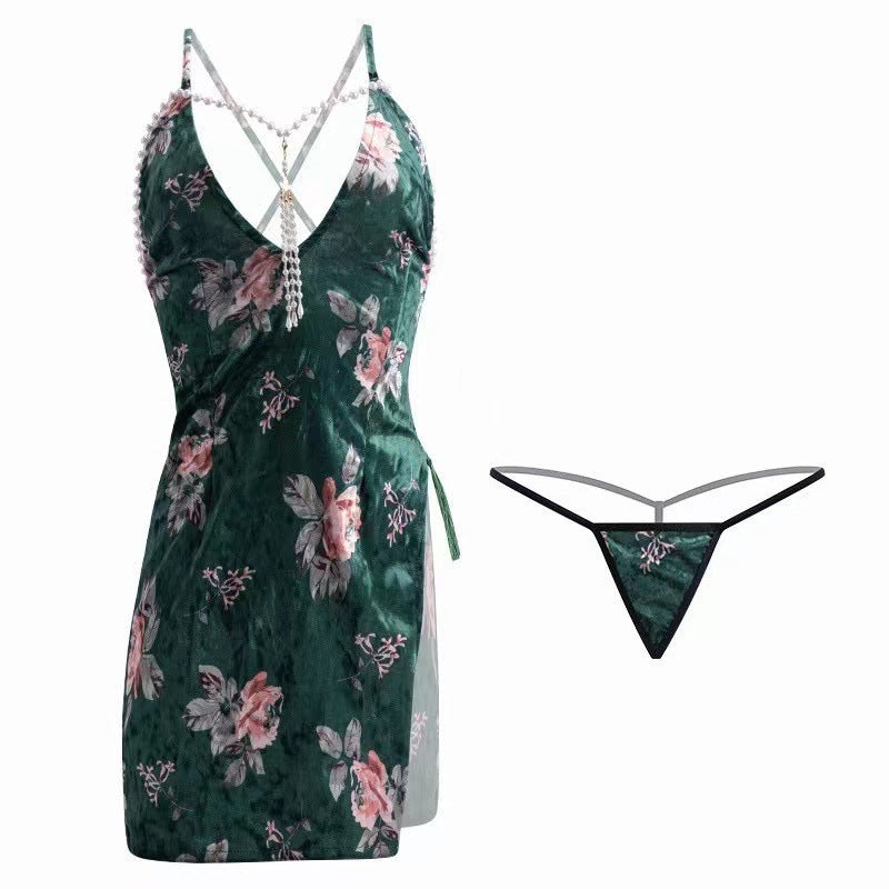 Image of Erotic underwear sexy retro Republic of China cheongsam print slit bag hip skirt halterneck pearl celebrity suspender