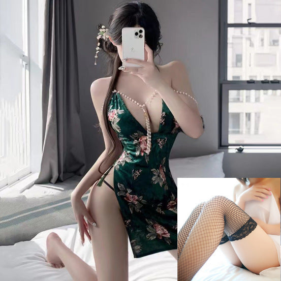 Image of Erotic underwear sexy retro Republic of China cheongsam print slit bag hip skirt halterneck pearl celebrity suspender