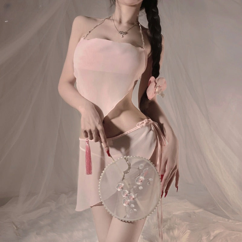 Image of Erotic underwear sexy uniforms belly pockets Hanfu temptation no need to take off the crotch bed nightdress set qqny