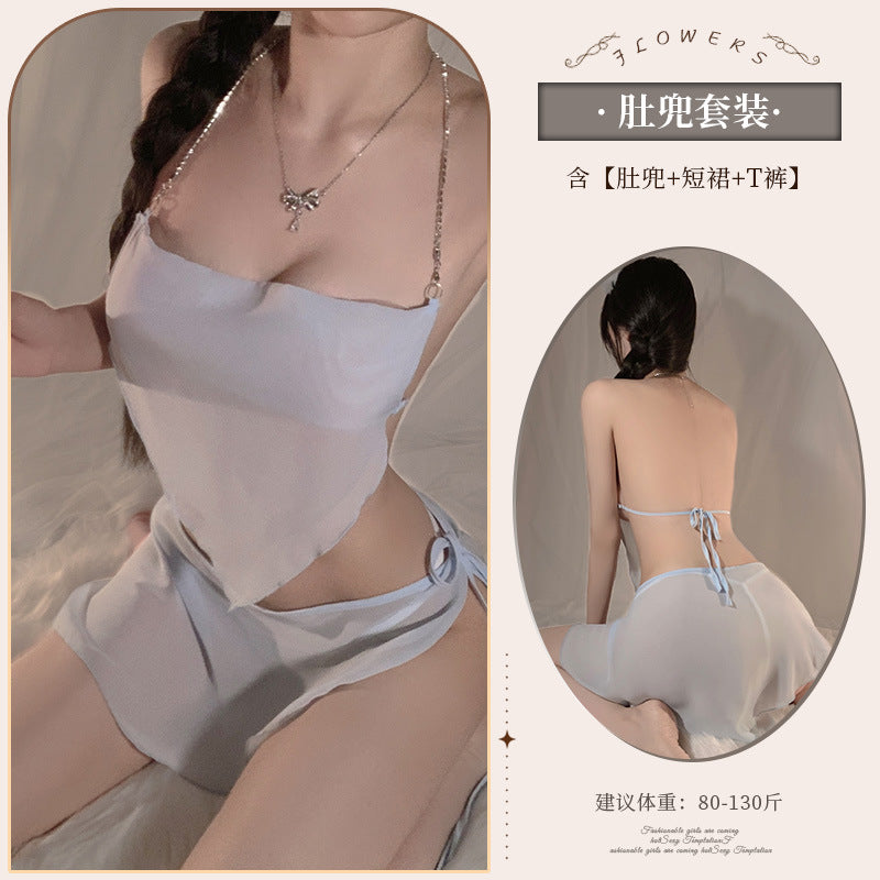 Image of Erotic underwear sexy uniforms belly pockets Hanfu temptation no need to take off the crotch bed nightdress set qqny