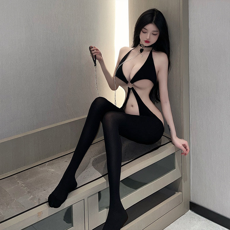Erotic underwear women’s mood high-end sensuality one-piece black silk underwear hollow erotic pure desire style couple