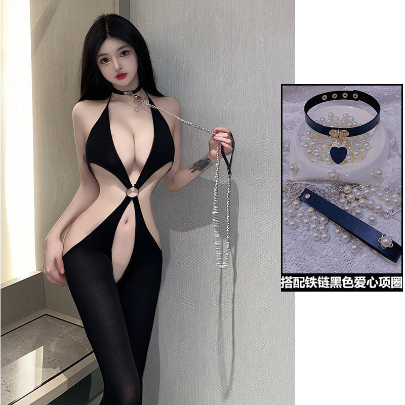 Erotic underwear women’s mood high-end sensuality one-piece black silk underwear hollow erotic pure desire style couple