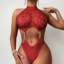 European and American flirting lingerie cutout sex fun nightclub sexy suit night pajama shop leopard print jumpsuit