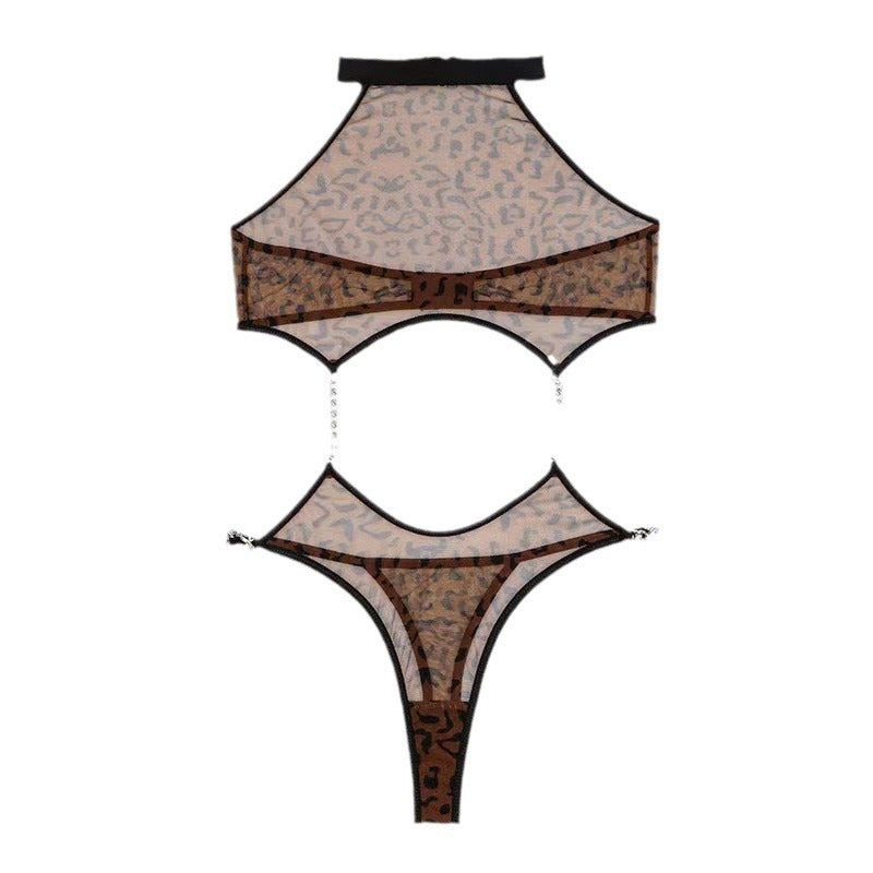 European and American flirting lingerie cutout sex fun nightclub sexy suit night pajama shop leopard print jumpsuit