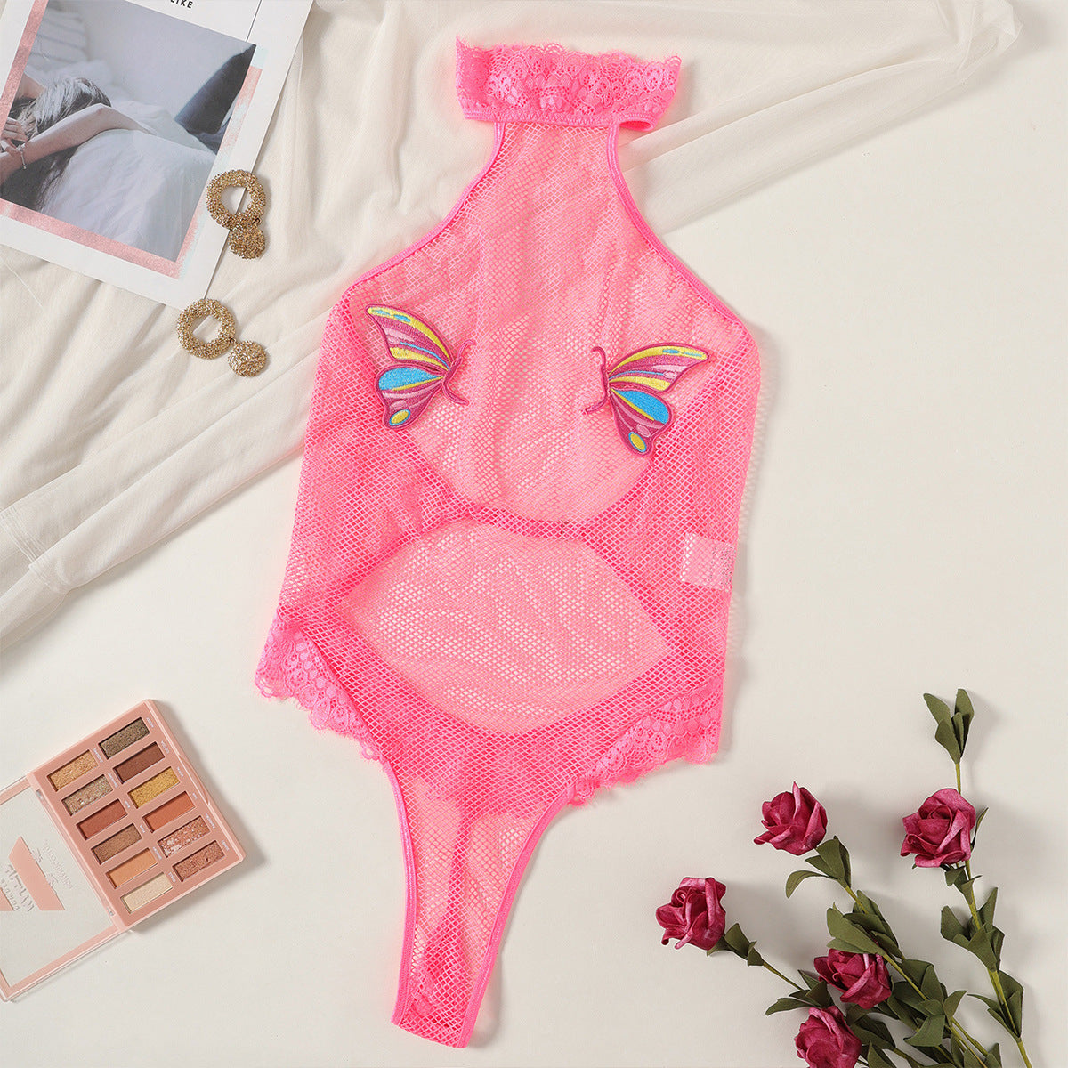 Image of European and American halterneck lace mesh jacket hollow breathable thin colorful butterfly cover-up sex jumpsuit