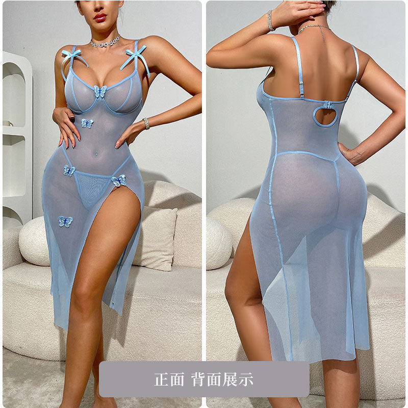 European and American sexy suspender nightdress women’s smart butterfly high slit pajamas spring and summer thin