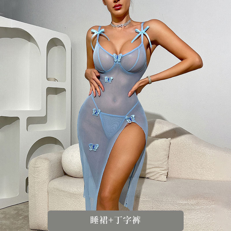 European and American sexy suspender nightdress women’s smart butterfly high slit pajamas spring and summer thin