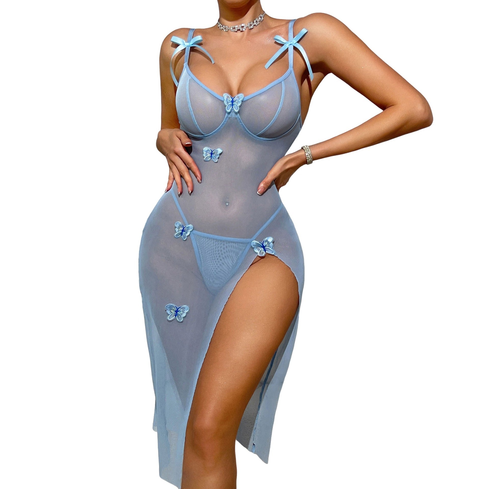 European and American sexy suspender nightdress women’s smart butterfly high slit pajamas spring and summer thin