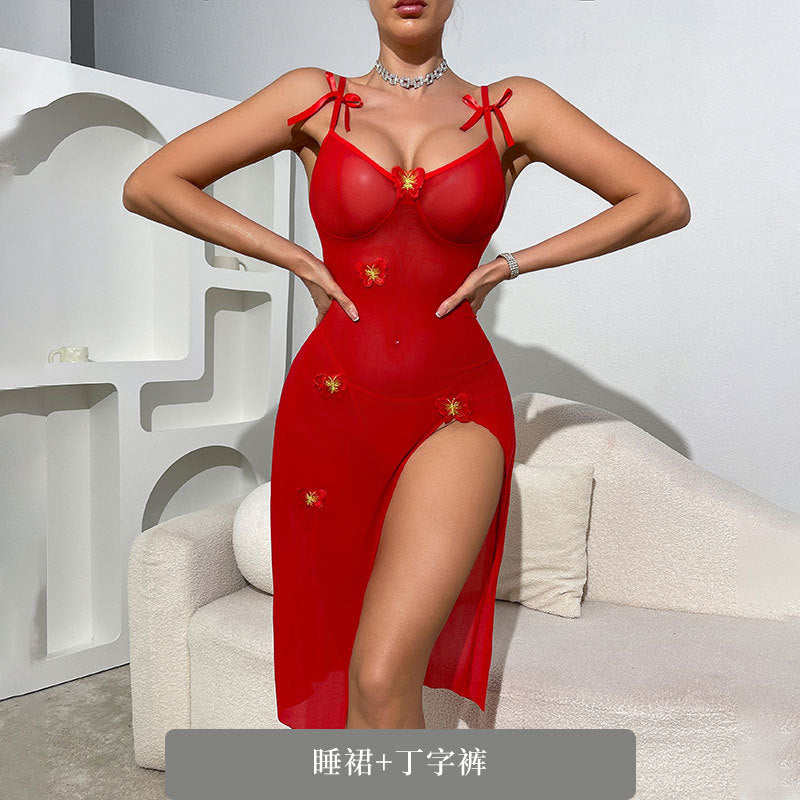 European and American sexy suspender nightdress women’s smart butterfly high slit pajamas spring and summer thin