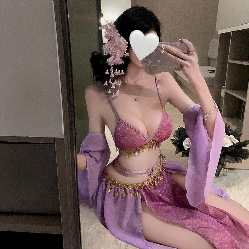 Image of exotic princess plus size erotic lingerie sexy strappy vintage belly pocket woman hanfu lace dress set - purple / M