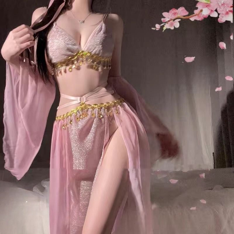 Image of exotic princess plus size erotic lingerie sexy strappy vintage belly pocket woman hanfu lace dress set - pink / M code