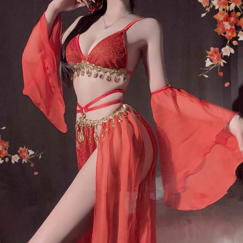 exotic princess plus size erotic lingerie sexy strappy vintage belly pocket woman hanfu lace dress set - red / M code