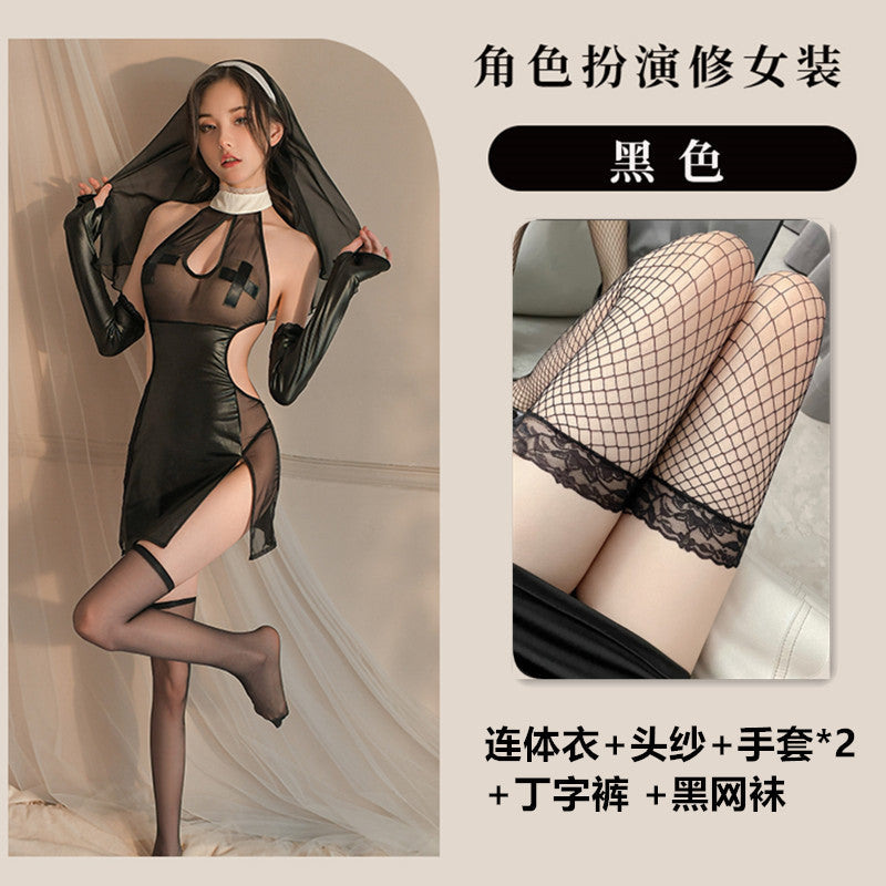 fan lei erotic lingerie sexy nun dress slit skirt cos cosplay uniform temptation pajamas set 662 - Black [one-piece