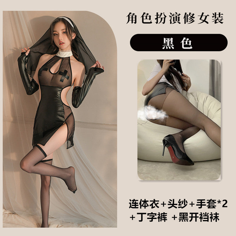 fan lei erotic lingerie sexy nun dress slit skirt cos cosplay uniform temptation pajamas set 662 - Black [jumpsuit