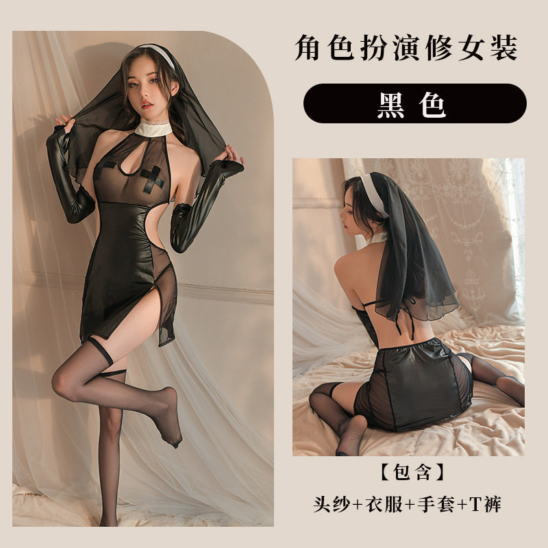 fan lei erotic lingerie sexy nun dress slit skirt cos cosplay uniform temptation pajamas set 662 - Black [one-piece