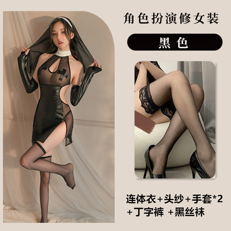fan lei erotic lingerie sexy nun dress slit skirt cos cosplay uniform temptation pajamas set 662 - Black [one-piece